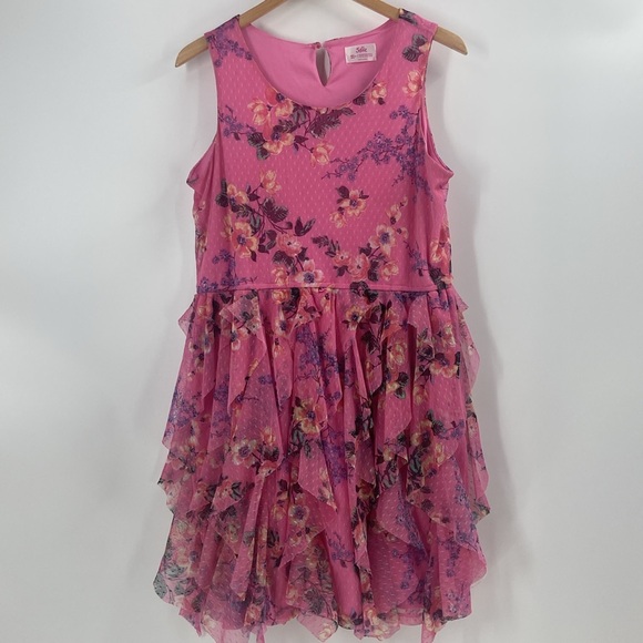 Justice pink flouncy multi print floral tiered feminine flirty dress - Picture 4 of 15